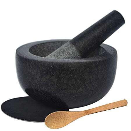 Large Granite Mortar and Pestle Set 6.3 inch, Cozymat Molcajete, Salsa Pestos Guacamole Bowl, Herbs and Spices Grinder, with EVA Anti-scratch Pad& Spoon, Black