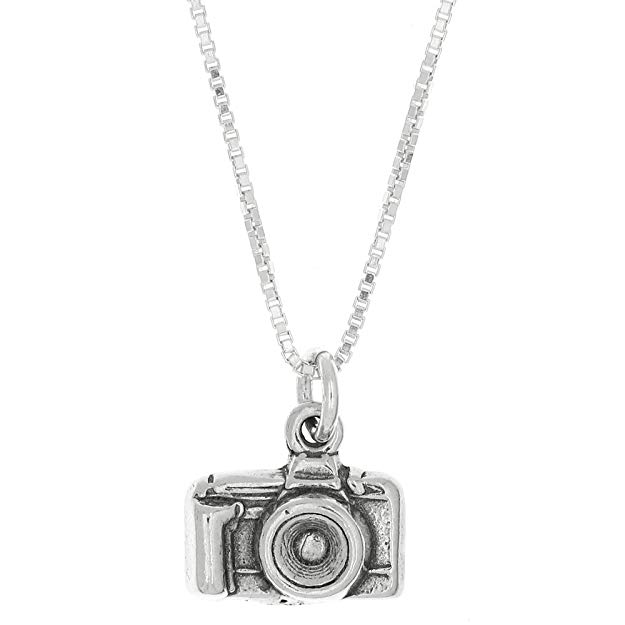 Sterling Silver Oxidized 3D Point and Shoot Camera Charm Pendant with Polished Box Chain Necklace