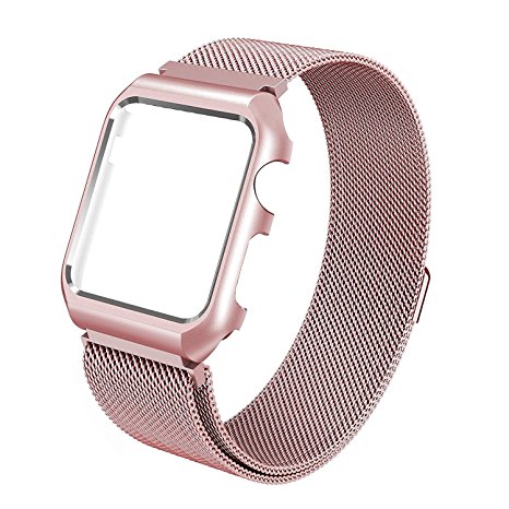 Apple Watch Band, Stainless Steel Mesh Magnetic Replacement Bracelet Strap Wrist Bands with Gold Metal Protective Case for Apple Watch All Sport Edition (38mm Rose gold) …