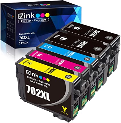E-Z Ink (TM) Remanufactured Ink Cartridge Replacement for Epson 702XL 702 T702XL T702 to use with Workforce Pro WF-3720 WF-3733 WF-3730 Printer (5 Pack)