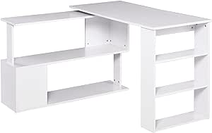 HOMCOM L Shaped Desk, 360° Rotating Corner Desk, Computer Writing Table Workstation with Storage Shelf for Home Office, White