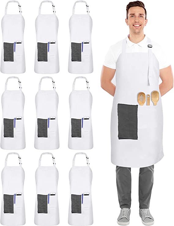 Utopia Kitchen Adjustable White Bib Apron 100% Polyester with 2 Pockets Cooking Kitchen Aprons for Men and Women Chef (Pack of 10)