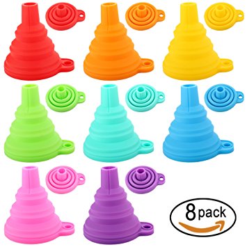 8 Pack Silicone Collapsible Funnel, Flexible / Foldable / for Liquid Transfer Food Grade Silicone FDA Approved Silicone Small Folding Funnel, 8 colors