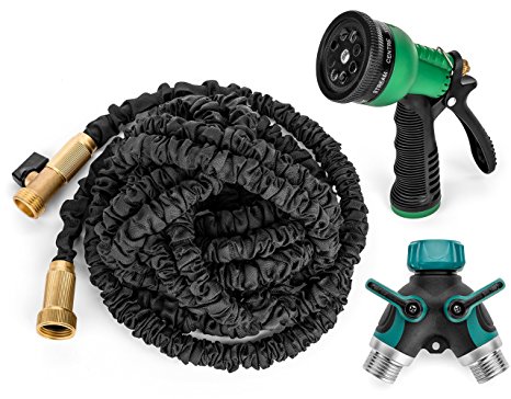 Premium 100' Expandable Hose, Best Expanding Garden Hose on the Market! Solid Brass Fittings, Double Latex Core, Heavy Duty Fabric, 3/4. Includes FREE Sprayer Nozzle and 2-Way Splitter (100)