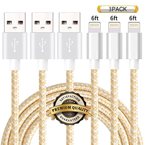 Nutmix iPhone Cable 3Pack 6ft Nylon Braided Certified Lightning to USB iPhone Charger for iPhone 7 Plus 6S 6 SE 5S 5C 5, iPad 2 3 4 Mini Air Pro, iPod Nano 7 - GoldSilver