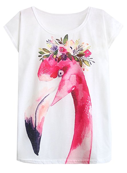 Futurino Women's Garlanded Flamingo Print Crewneck Short Sleeve T-Shirt Top Tees