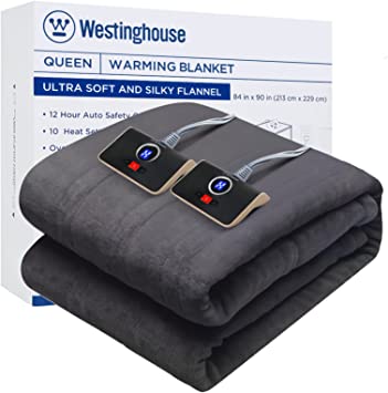 Westinghouse Electric Blanket Queen Heated Blanket Flannel Soft, Machine Washable, 10 Heat Settings | 84x90 inch, Charcoal