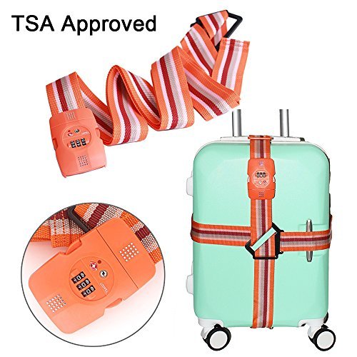 Adjustable Travel Luggage Long Cross Strap with TSA Approved Combination Lock - Heavy Duty Non-Slip Packing Security Belt for Baggage Suitcase 18''~34'' (Orange)