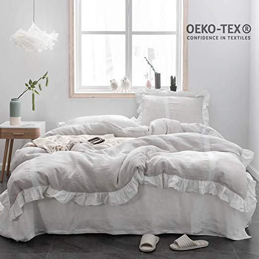 Simple&Opulence 100% Stone Washed Linen Frill Floral Flax Duvet Cover Set (King, Floral Grey)
