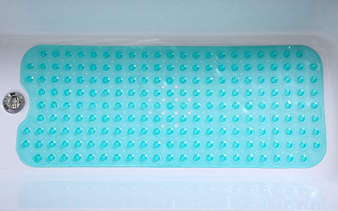 Tike Smart Extra-Long Non-Slip Bathtub Mat 39”x16”(for Smooth/Non-textured Tubs Only) Safe,Clean,Anti-bacterial,Machine-washable,Superior Grip&Drainage, Vinyl Bath Mat, Trans Turquoise/Aqua/Blue-Green