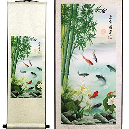 SweetHome Asian Silk Scroll & Picture Scroll & Wall Scroll Calligraphy Hanging Artwork (Bamboo and Fish)