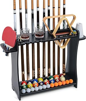 XCSOURCE Pool Stick Holder Floor Stand, 2-in-1 Pool Cue Rack & Ping Pong Paddle Holder, 100% Solid Wood Holds 9 Cues Full Set of Balls, Billiards and Table Tennis Accessories for Man Cave