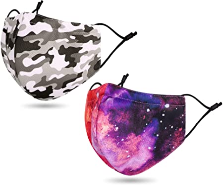 Lullaby 2 Pack Madks Unisex Washable Bandana Reusable Face Madks Double Layer Adjustable Earloop Camo Grey/Galaxy Red