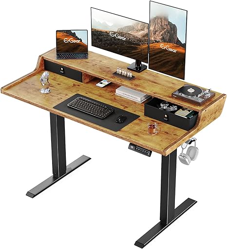 ErGear Electric Standing Desk with Drawers, 48″ x 24″ Gaming Desk with Monitor Stand, C-Clamp Mount Compatible, Home Office Height-Adjustable Desk with Storage Shelf, 4 Preset Heights, Vintage Brown