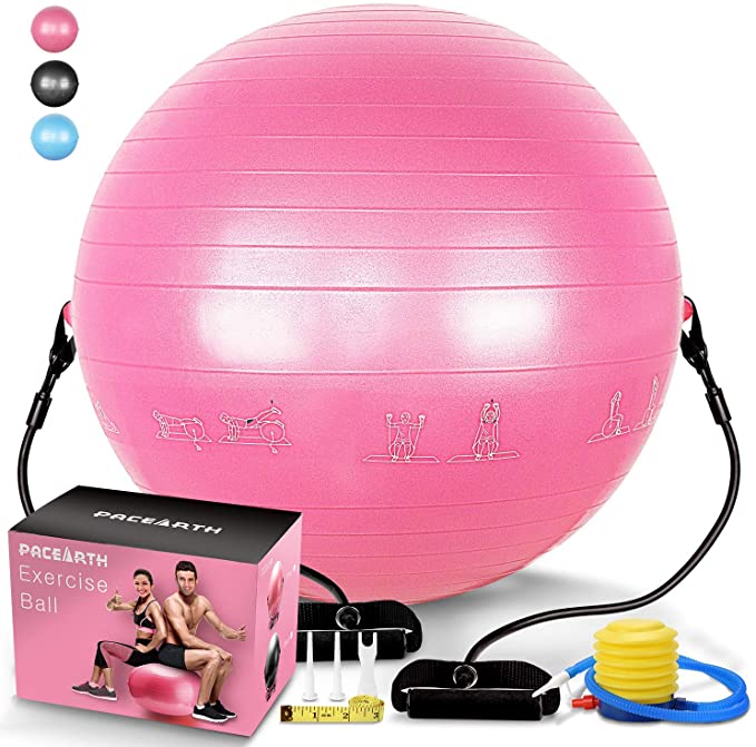 PACEARTH Exercise Ball for Home Gym Office Thick Yoga Ball Chair with Resistance Bands and Quick Pump Anti-Burst Heavy Duty Stability Fitness Balance Birthing Workout Ball for Pilates