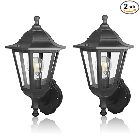 FUDESY Outdoor Wall Lantern LED Light Fixtures, Pro Plastic Material Innovation, Waterproof Exterior Mount Black Lanterns Lamp for Outside Porch, Garage (Pack of 2)