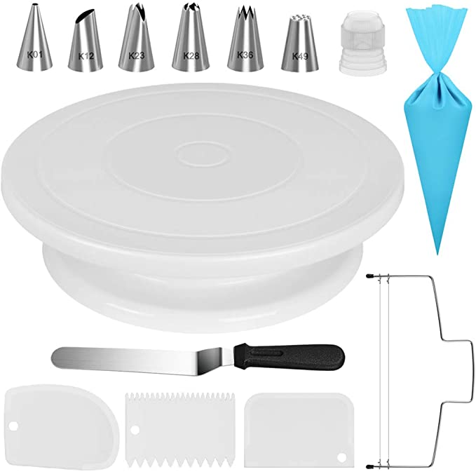 Kootek Cake Decorating Kit Supplies Baking Tools with Cake Turntable, 6 Numbered Cake Decorating Tips, 1 Icing Spatula, 3 Icing Smoother, 1 Silicone Piping Bag, 1 Cake Leveler, 1 Coupler Frosting Set