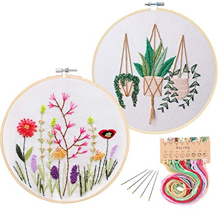 2 Pack Embroidery Starter Kit with Pattern, Kissbuty Full Range of Stamped Embroidery Kit Including Embroidery Cloth with Pattern, Bamboo Embroidery Hoop, Color Threads and Tools Kit(Plant and Floral)