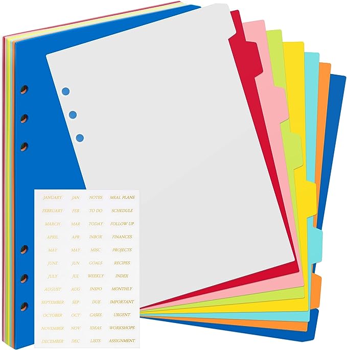 32 Pcs A5 Index Divider 6 Hole Binder Dividers 8.27 x 5.83 Inch 8 Colors Plastic Binder Dividers with Gold Month Stickers for Notebook Loose Leaf Binders Travel Diary Journal Planner