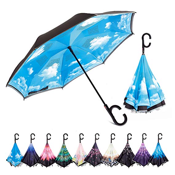 Hosa, Double-Layer Auto Open Inverted Reverse Umbrella with C-Shaped Handle Windproof UV Protection Straight Safety Reflective Strip for Night-Time Use