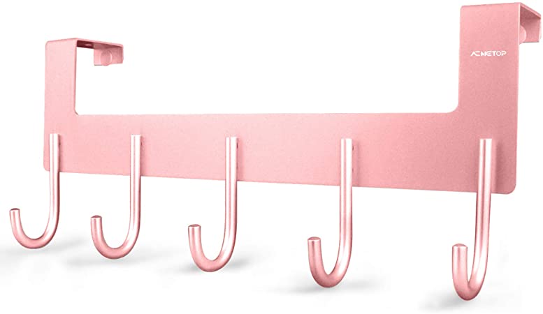 ACMETOP Over The Door Hook Hanger, Heavy-Duty Organizer for Coat, Towel, Bag, Robe – 5 Hooks, Aluminum, Matte Finish (Pink)