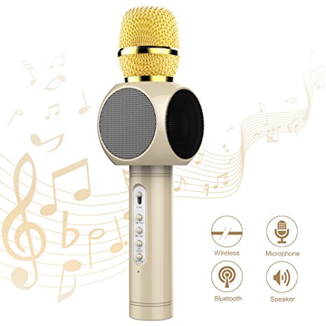 Upgraded Wireless Karaoke Microphone, Imbeang 3-in-1 2600mAh Portable Built-in Bluetooth Speaker Player for Home KTV Singing Support iPhone Android Apple PC or Smartphone(gold)