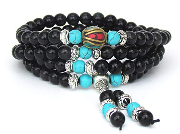 Om Shanti Crafts Mala Beads Stretch Bracelet Black Obsidian & Tiger Stone, Buddhist Prayer Beads, Yoga Bracelets, Wear for Daily Meditation & Spiritual Growth, 6mm Meditation Beads, Unisex