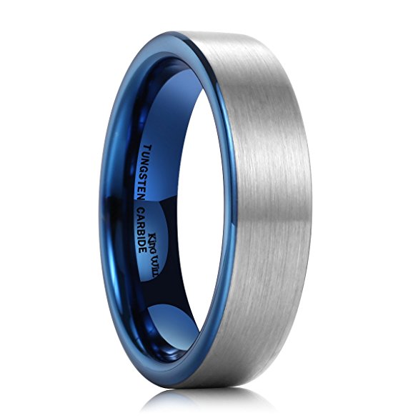 King Will DUO Women Men 6mm Flat Blue Tungsten Carbide Ring Matte Brushed Wedding Band Comfort Fit