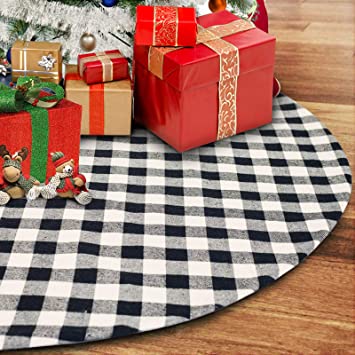 CCBOAY Christmas Tree Skirt 48 inch Large, Double Layer Black and White Plaid Buffalo with Felt Fabric Lining, Checked Tree Mat for 2022 Xmas Holiday Party Decoration