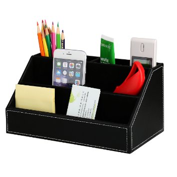 HOMETEK 5 Compartment Desk Organizer Pen Pencil Caddy Desktop Organizer Media/Card/Remote Control Holder Organizer PU Leather Office Supplies (Black)