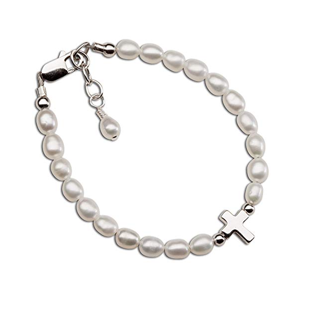 Children's Sterling Silver Cross Bracelet with Cultured Pearls for First Communion, Baptism or Christening
