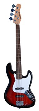 RED Full Size 43" Jazz J Electric Bass Guitar with Gig Bag and Accessories (Includes, Strap, String, & DirectlyCheap(TM) Translucent Blue Medium Guitar Pick)