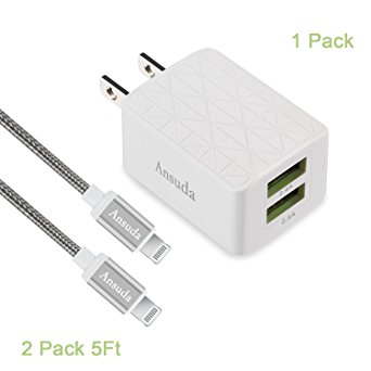 Charger Ansuda 2.4A 12W Dual Smart Technology Travel Adapter and Lightning Cable [2-Pack] 5ft USB Data Charge Sync for iPhone 7 6 6S Plus 5 5S iPad Pro [White Gray].