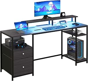 HOMCOM 61" Computer Desk with LED Lights, Power Outlets, and USB Ports, Gaming Desk with Storage Shelves, Monitor Stand, Fabric Drawers & Remote for Home Office Study, Distressed Black