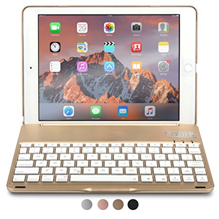 iPad Air 2 Keyboard case, COOPER NOTEKEE F8S Backlit LED Bluetooth Wireless Rechargeable Keyboard Portable Laptop Macbook Clamshell Clamcase Cover with 7 Backlight Colors for Apple iPad Air 2 (Gold)