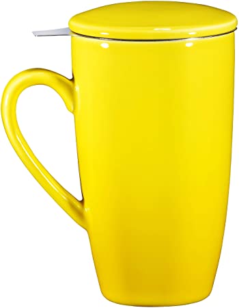 Bruntmor Ceramic Tea Infuser Mug With Stainless Steel Infuser And Removable Lid, Microwave Oven And Dishwasher Safe, Great For Use With Loose Tea Leaves And Sachets (16 oz, Gradient Yellow)