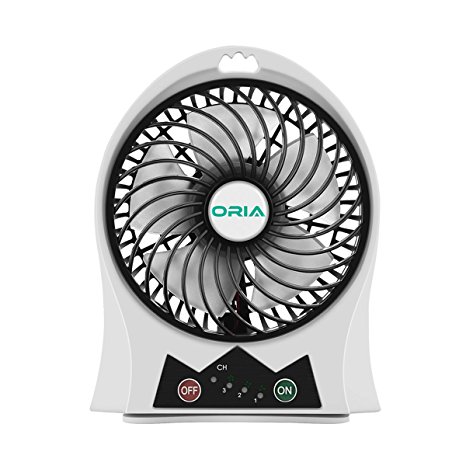 ORIA Mini Fan, USB Rechargeable Portable Fan, Portable USB Mini Fan, 3 Speeds, 90° Up and Down Adjustable, with LED Light Function and 2200 MAh Battery, for Home, Office, Travel, Nursery, Babyroom