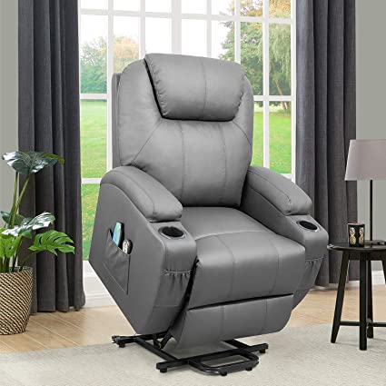 Flamaker Power Lift Recliner Chair PU Leather for Elderly with Massage and Heating Ergonomic Lounge Chair for Living Room Classic Single Sofa with 2 Cup Holders Side Pockets Home Theater Seat (Gray)