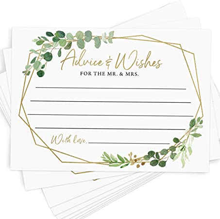Advice and Wishes, 50 Cards, Gold Greenery Wedding Advice Cards, Bridal Shower Activity, Guestbook Alternative