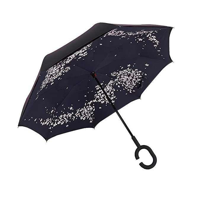 Inverted Umbrella, Wim Double Layer Reverse Folding Umbrella Windproof UV Protection Parasol Big Straight Umbrella for Car Rain Outdoor With C-Shaped Handle