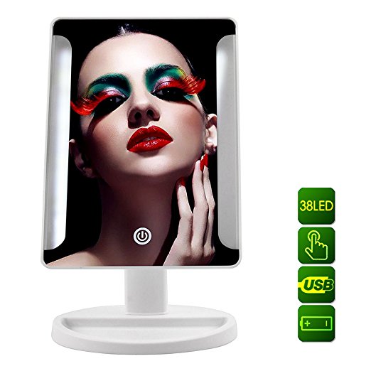 Hipiwe 38 LED Table Mirror Travel Make Up Mirror with Lights Operated by USB or Battery (White)