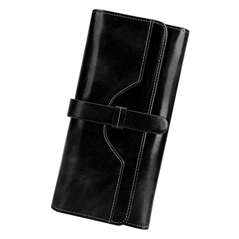 S-Zone 5.5" Vintage Women's RFID Blocking Large Capacity Genuine Luxury Wax Leather Purse Ladies Long Wallet Card Holder Clutch with Zipper Pocket Black (Gift Box)