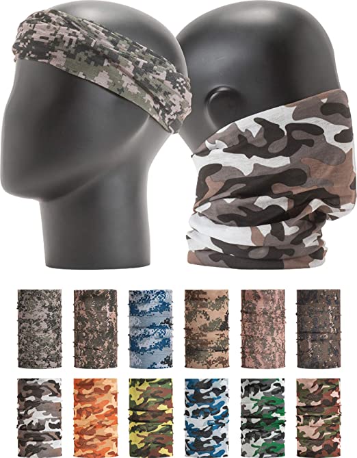 Leevo Pattern Bold Headwear Scarf Boho Headband Wrap Shield Neck Gaiter Bandana (Free Size (18.5” 9.25”), Camouflage Military No.1 2, 12pcs Total)