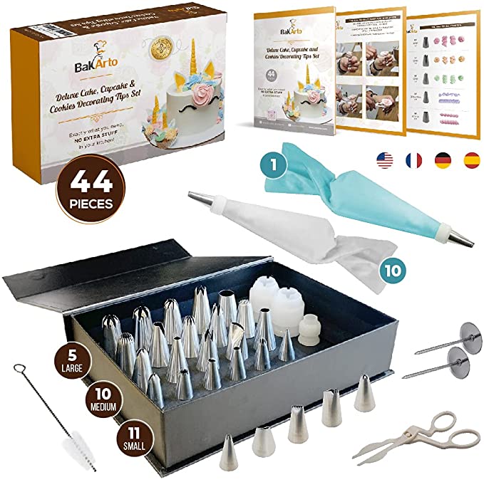 Cake Cupcake & Cookies Decorating Tips Set - Cake Decoration Kit of 26 Piping Tips, 10 Piping Bags & 1 Silicone Reusable Icing Bag, 3 Couplers, 2 Flower Nail & Flower Lifter, Tip Brush and Gift Box