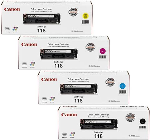 Canon Genuine Toner Bundle 118 2660B021 4 Pack 1 Each: Cyan Magenta Yellow Black for Canon Color imageCLASS MF8350Cdn MF8380Cdw MF8580Cdw MF729Cdw MF726Cdw LBP7200Cdn LBP7660Cdn Laser Printers