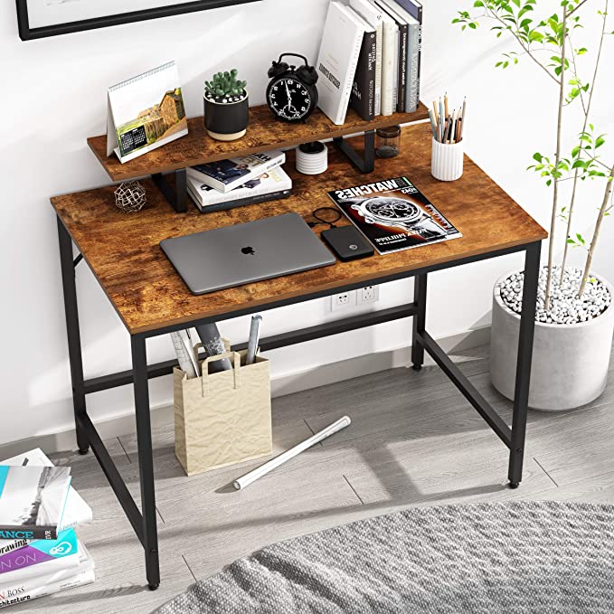 JOISCOPE Computer Desk, Laptop Desk with Storage Shelves ，Wood and Metal,Industrial Table for Home Office,40inches,100cm(Vintage Oak Finish)