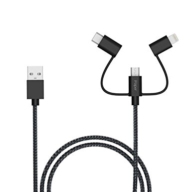 3 in 1 Lightning Cable, USB C Cable, iHaper Charging Cable[Apple MFi Certified] and Sync 1m with Nylon Braided and Kevlar, High Speed Sync and Quick Charge for iPhone, Android, Samsung