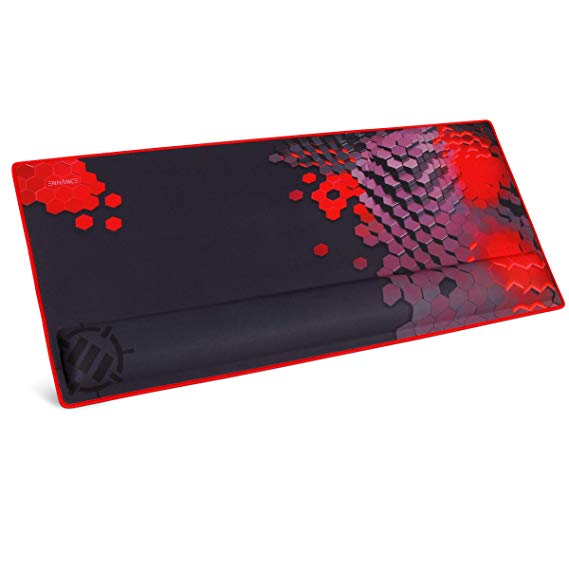 ENHANCE XXL Large Extended Gaming Mouse Pad with Ergonomic Memory Foam Wrist Rest Support (31.5 x 13.78 x 1 inches) - Anti-Fray Stitching & Soft Cushion Mat Surface (Red)