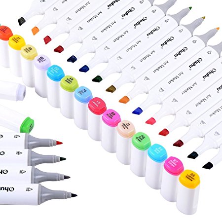 Ohuhu 40 Colors Dual Tips Art Sketch Twin Marker Pens Highlighters with Carrying Case for Painting Coloring Highlighting and Underlining