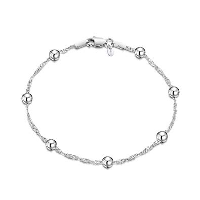 Amberta 925 Sterling Silver 1.4 Singapore Chain Bracelet with 4 mm Ball Beads Size: 7 7.5 inch